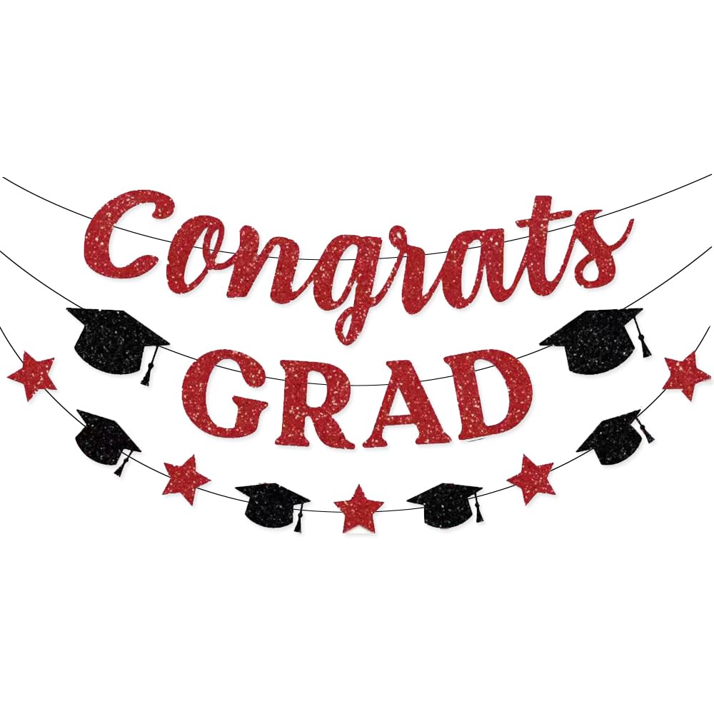 Congrats Grad Banner Red Gold Glitter Congratulations Grad Cap Star Garland for Class of 2026 Graduation Party Decorations