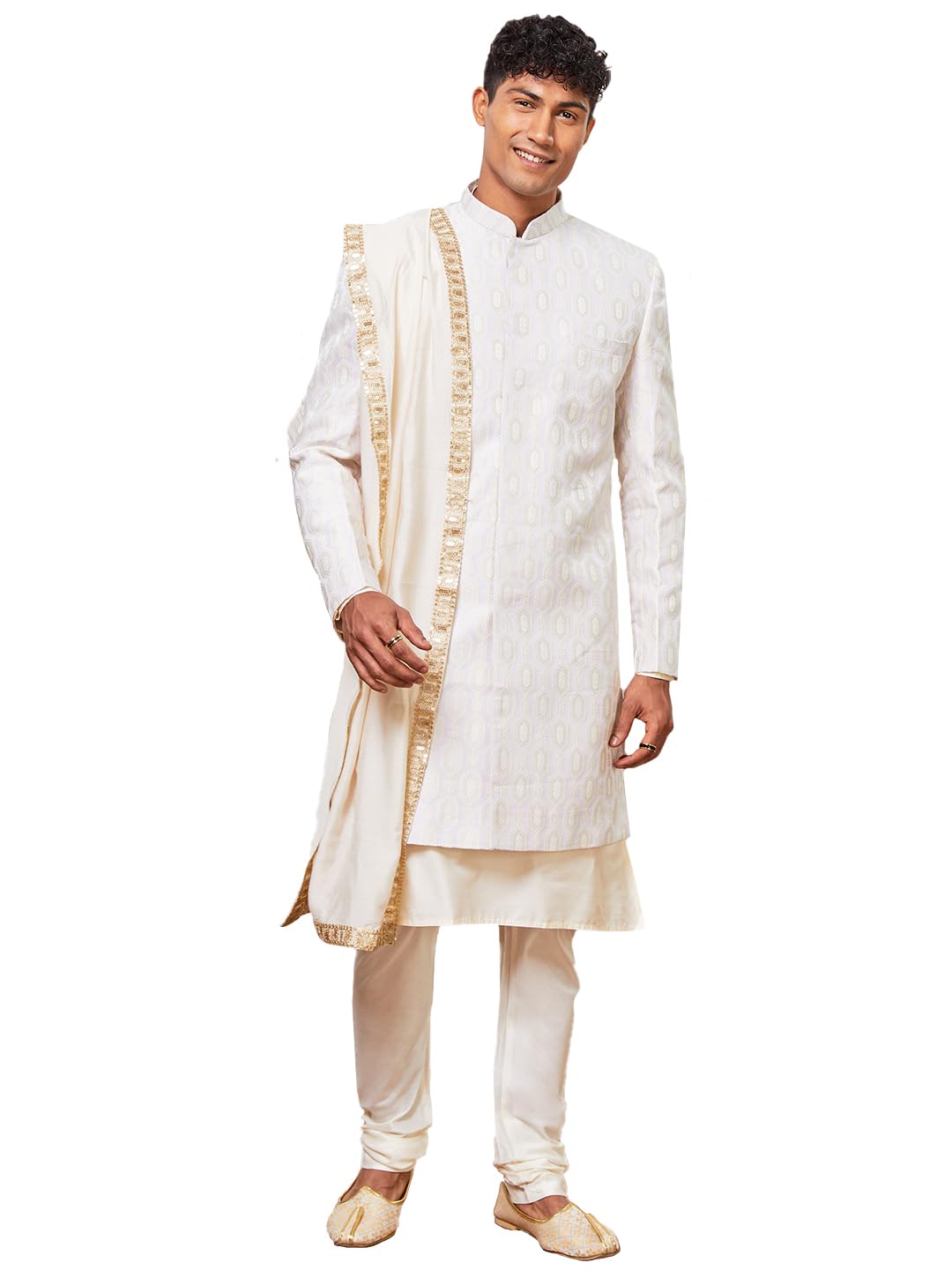 vastramay Men's Silk Blend Jacquard Indo-Western Sherwani with Kurta, Pant Pyjama & Dupatta Weddings & Festival-picture-30
