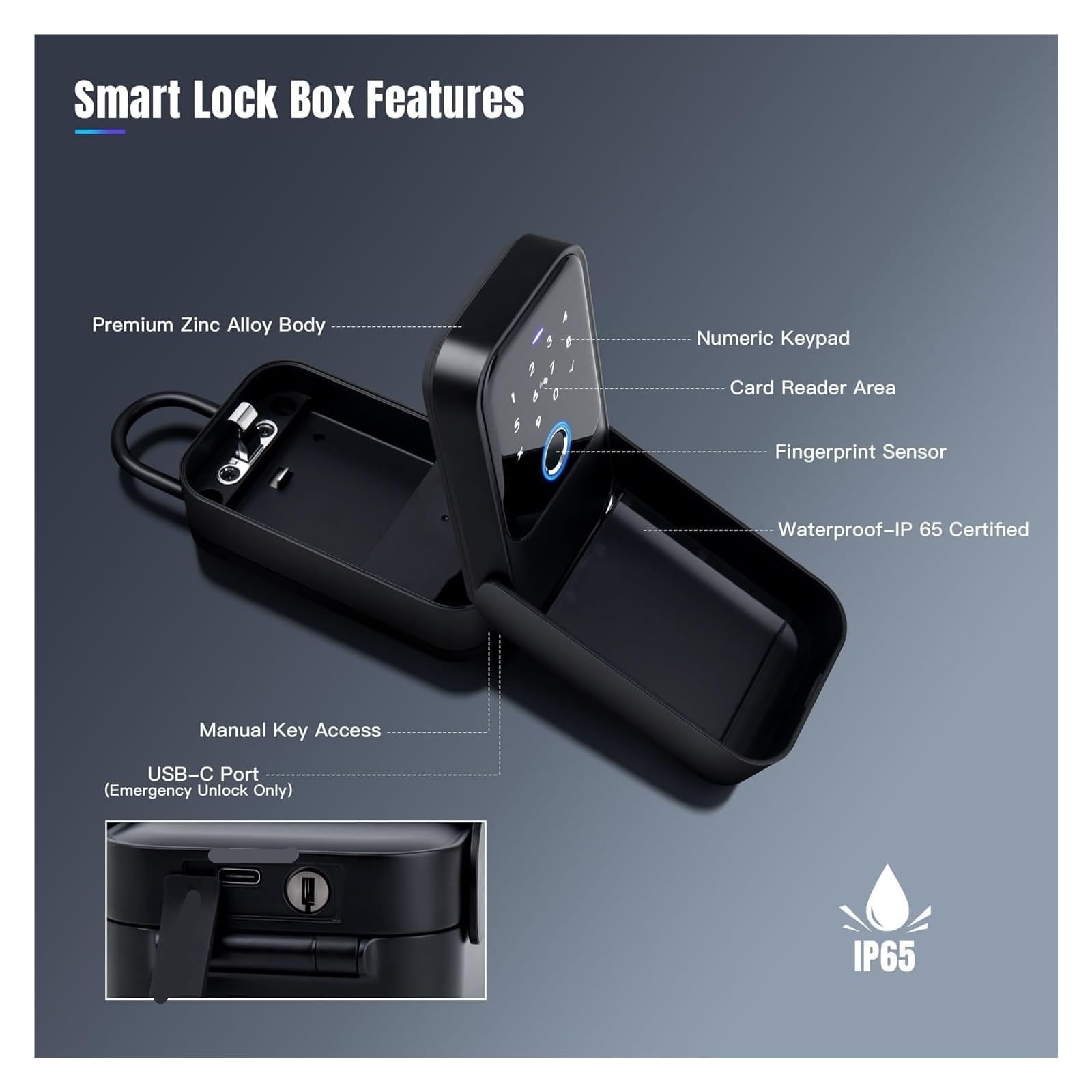 Cassaforte, Smart Key Lock Box Controllo delle impronte digitali Codice di accesso Scheda sblocco Bluetooth