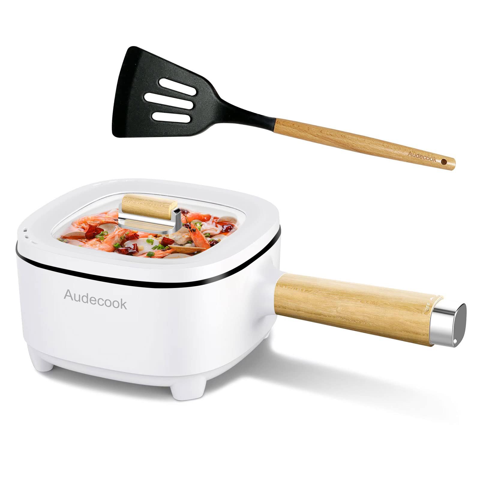 Audecook Hot Pot Electric 2L, Cermic Glaze Non-Stick Frying Pan 8 Inch, Portable Travel Cooker for Ramen/Steak/Fried Rice/Oatmeal/Soup, with Dual Power Control (Silicone Spatula Included)