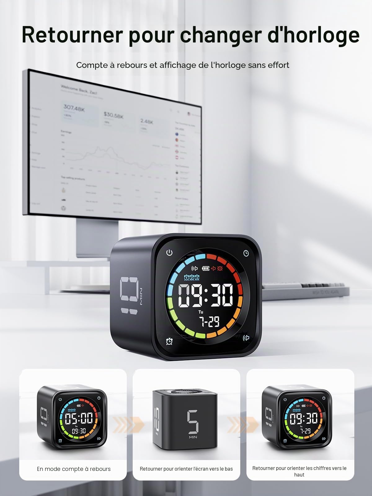 Ticktime TK3 Minuteur Pomodoro Cube, Préréglages 5/10/30/60 Min, Compte à Rebours Personnalisé, Chronomètre & Horloge, 3 Alarmes, Silencieux/Vibration/Son, Rechargeable pour TDAH Etude Travail, Noir