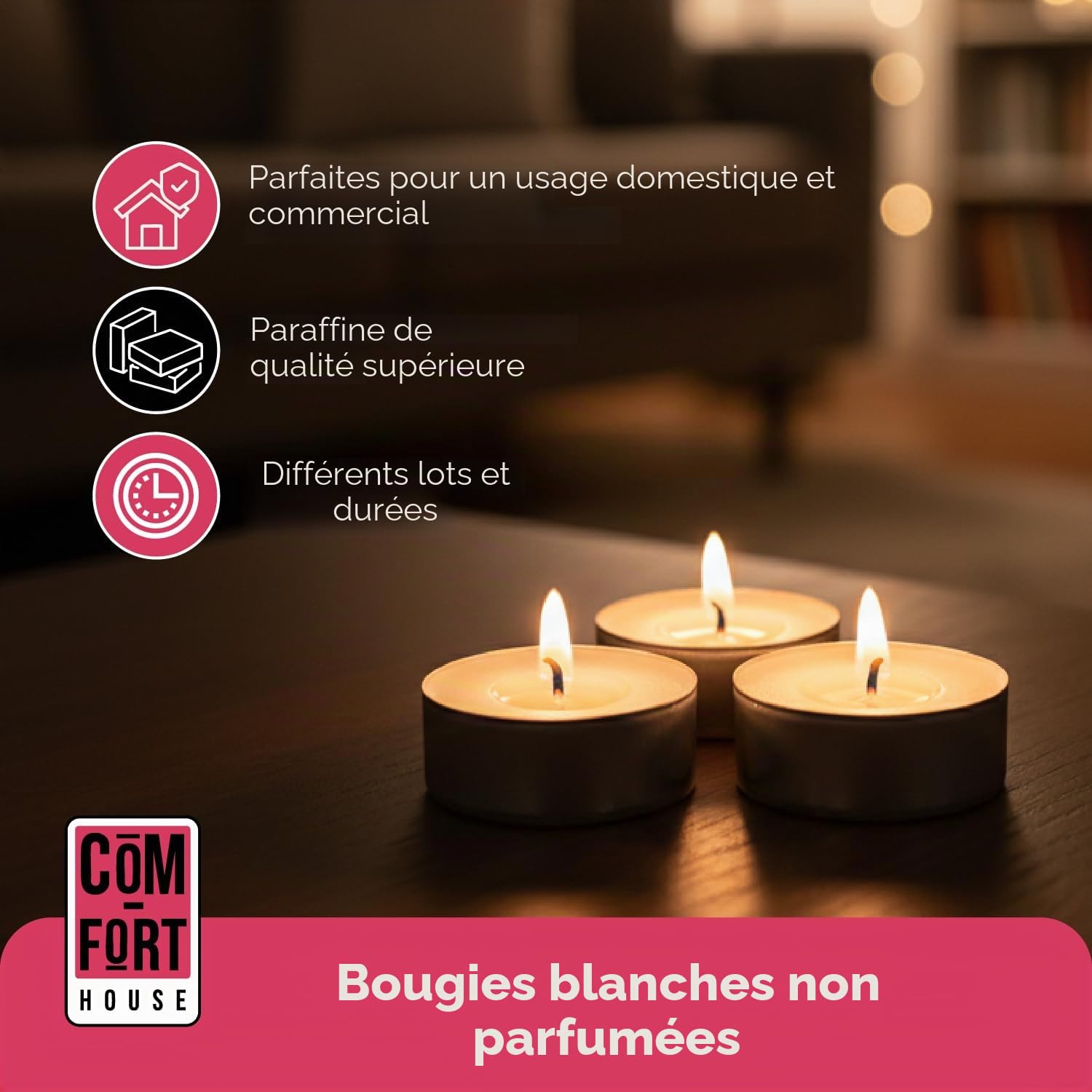 COM-FORT HOUSE | Bougies blanches | Lot de bougies de 25, 50, 100, 200, 400 unités | Bougies chauffe-plat | Photophore | Durée de 4/8 heures | Bougies décoratives non parfumées
