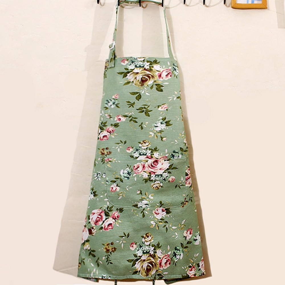 DDJYP Women Kitchen Apron-2 Pack, Cotton Canvas Flower Apron, Floral Pattern Apron with Pockets for Women Chef Apron(Green&Blue) - Image 4