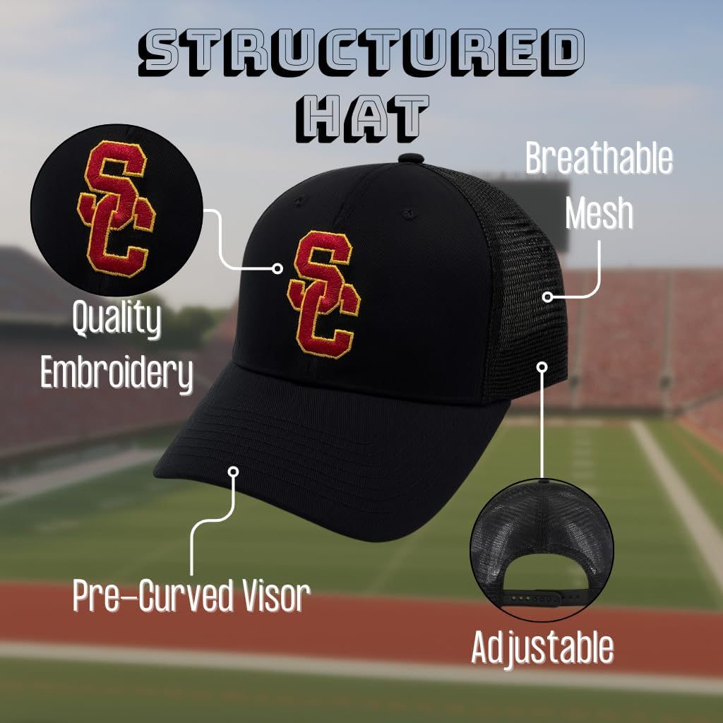 Officially Licensed University Southern Cal Classic Edition Black Mesh Trucker Hat Adjustable Embroidered Team Logo Snapback Cap - Image 4