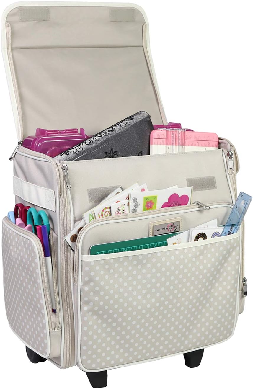Collapsible Rolling Craft Bag, Tan - Wheeled Scrapbook Tote for Scrapbooking & Art - Travel Organizer Storage Bin for Paper, Glue, Tape - Roller Cart for Teachers & Medical