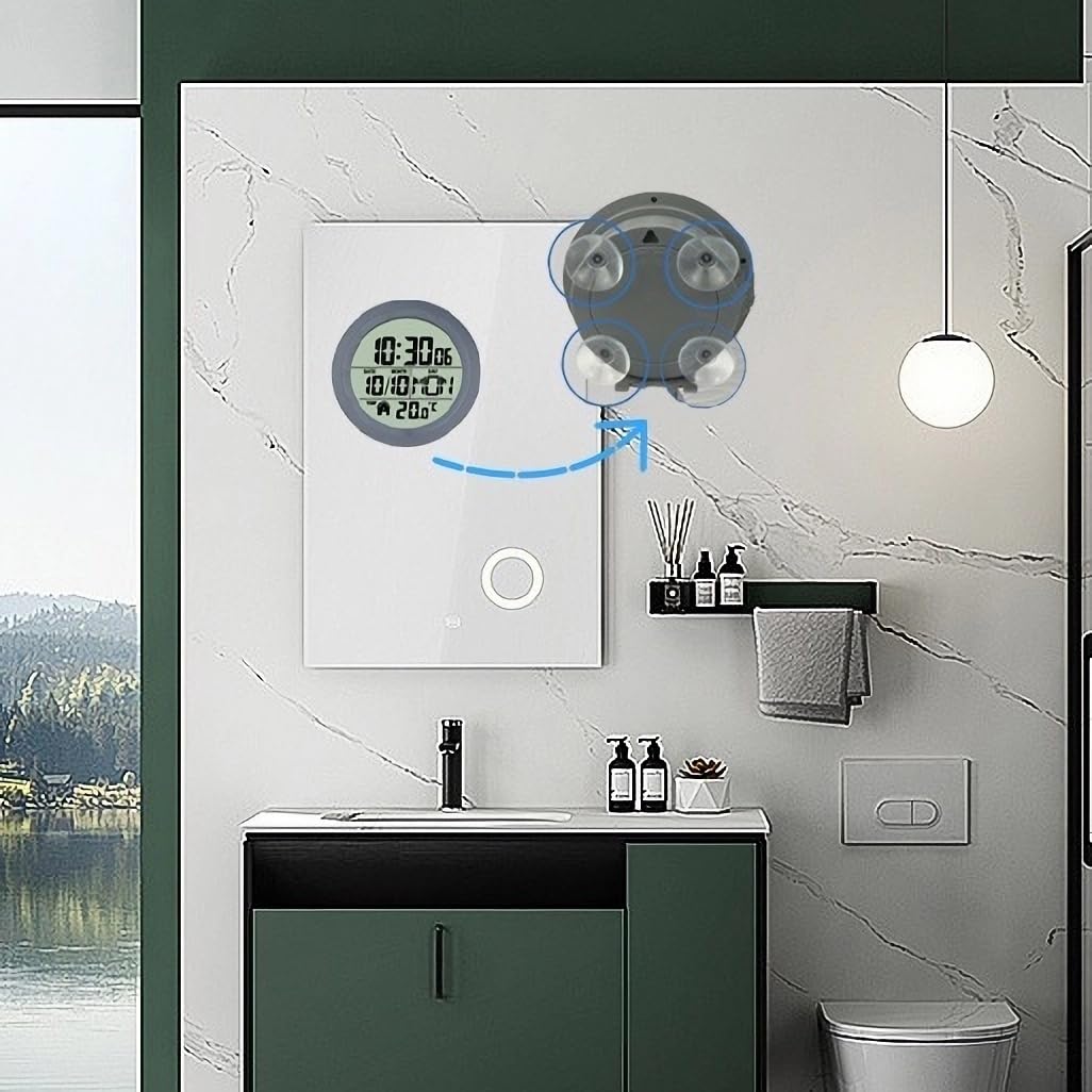 Reloj Digital de Ducha con Pantalla LCD, Impermeable Decoración de Pared Silenciosa, Ventosa con 4 Ventosas, Muestra la Hora Temperatura Fecha Día de la Semana para Baño Dormitorio