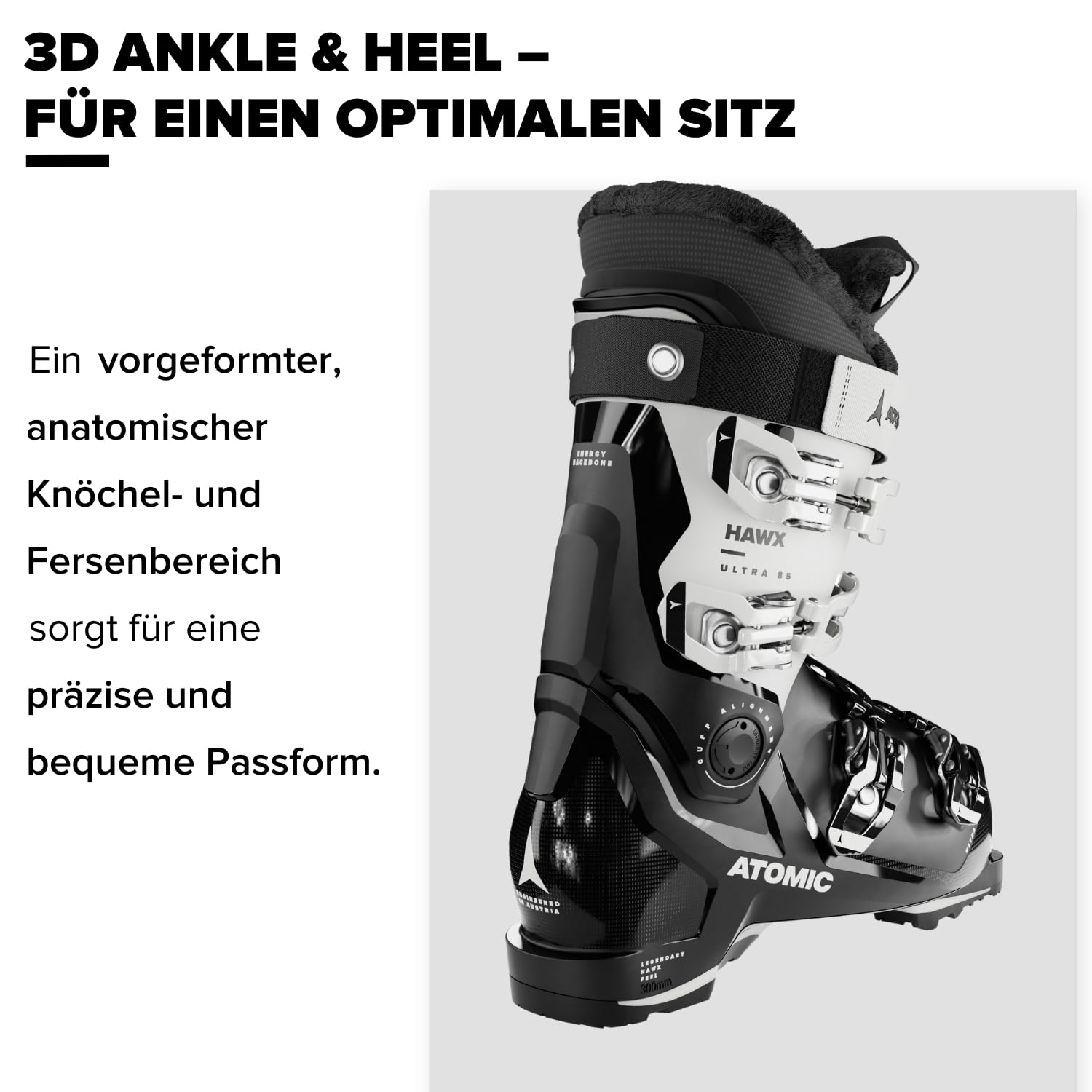 Atomic HAWX Ultra 85 W GW Skischuhe - Damen-Skischuh in Schwarz/Weiß - Boots mit 3D Knöchel & Ferse für anatomische Passform - Schmale Skistiefel mit 98 mm Passform