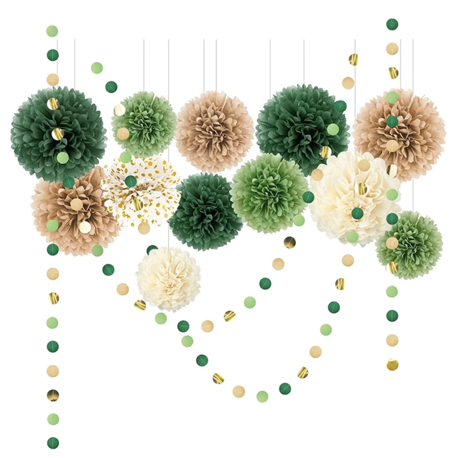 Paper Pom Poms Decorations Wedding Party Decorations Set,15PCS Green Tissue Papers Pom Poms,Dots Garland String Hanging for
