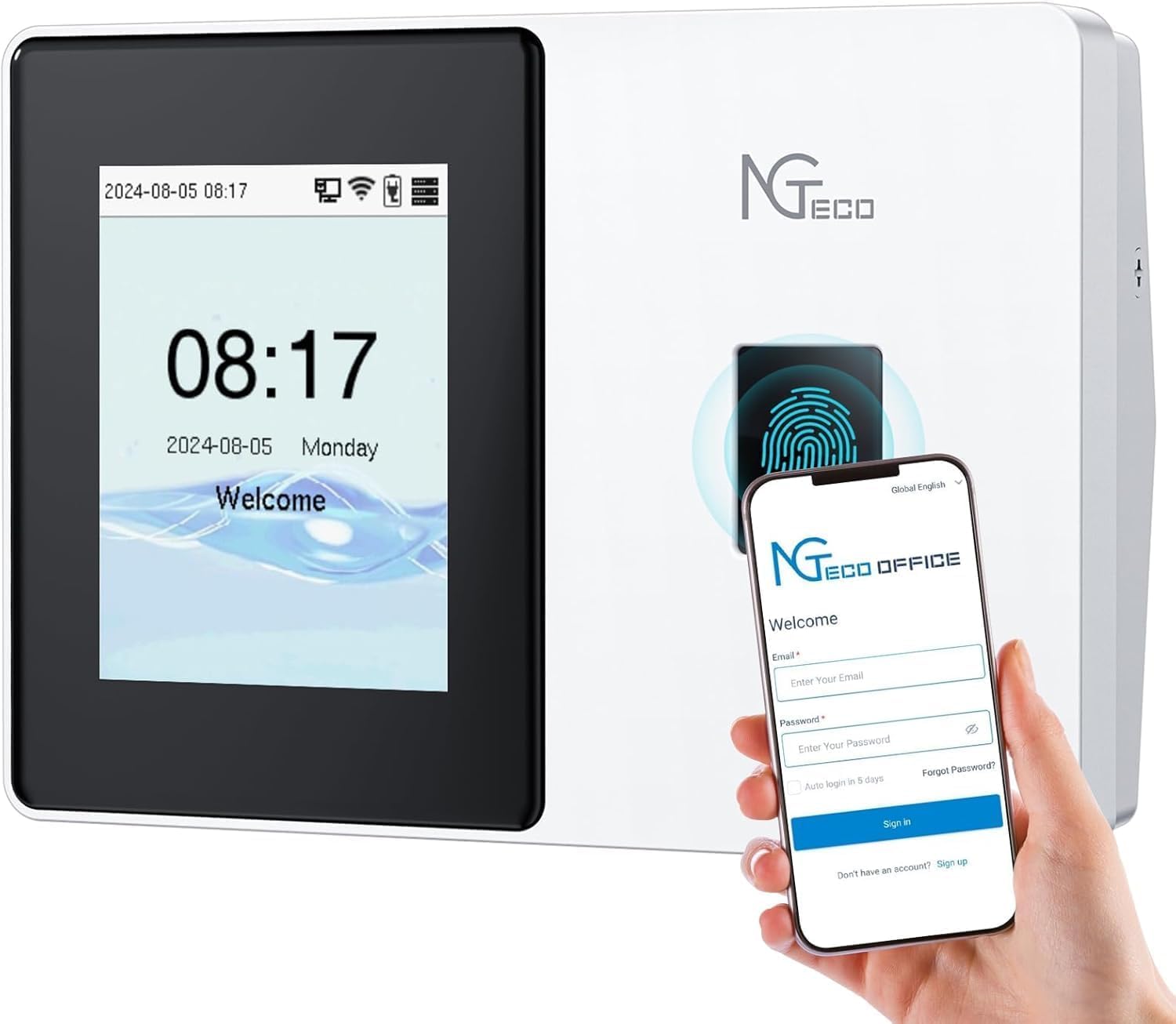 NGTeco Pointeuse Horaire Cloud, Pointeuse Horaire Personnel WiFi 5GHz avec Application Mobile et Gestion Cloud, Contrôle à Distance (sans Abonnement Mensuel) pour PME