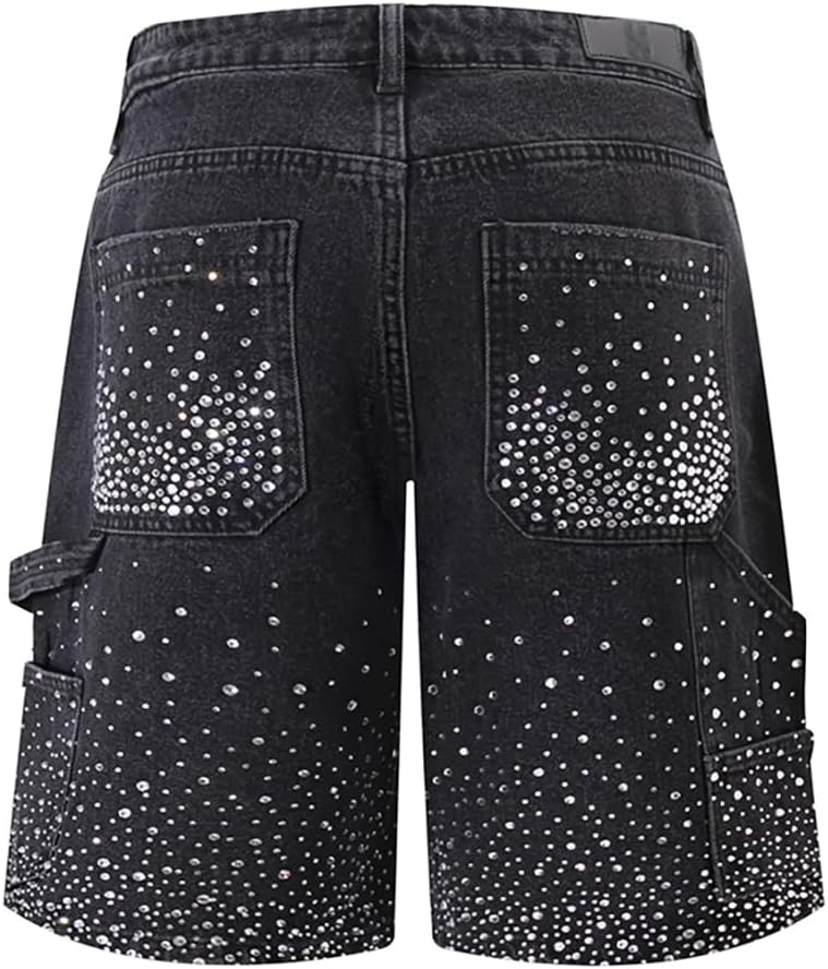 Rhinestone Denim Shorts Men Streetwear Ripped Loose Denim Shorts