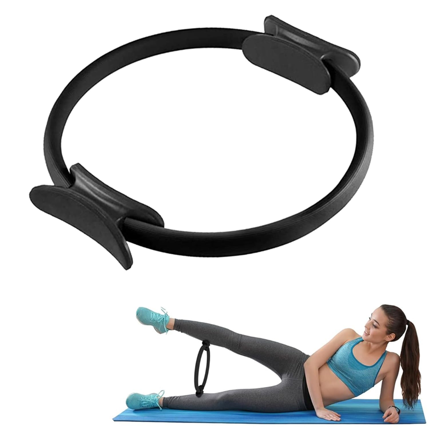 AMERTEER Pilates Ring 15" Fitness Circle - Lightweight & Durable Foam Padded Handles | Flexible Resistance Exercise Equipment for Toning Arms, Thighs/Legs & Core, Black