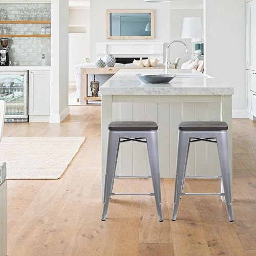 Miniatura 124 de GIA Taburete de mostrador sin respaldo de 24 pulgadas, cantidad de 4, bronce con asiento de madera clara Negro -,Café,Gris,gris, (Gun