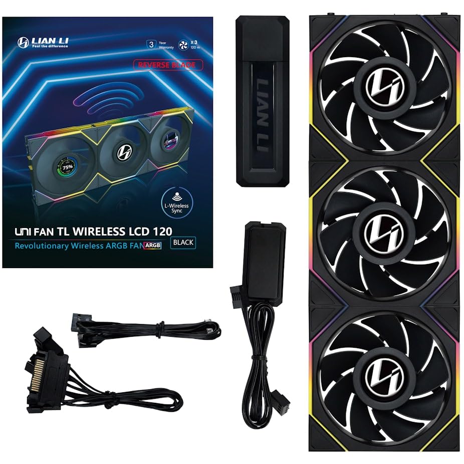 Lian Li UNI FAN TL Wireless LCD PC Fan 120mm RGB – 3-Pack Reverse Blade Gaming PC Fans Black | PWM Fans - 26 ARGB LEDs - 1,900 RPM - Daisy Chain, High Airflow, Low Vibration, Silent, Infinity Mirror