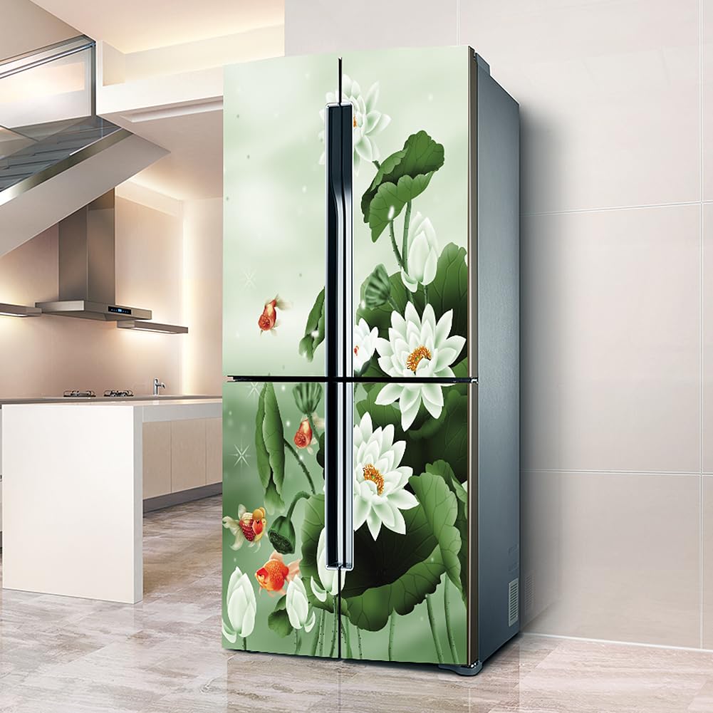 Myxjx White Fridge Wrap, Full Covering Door Fridge Covers Skins Wall Stickers For Kitchen Decal, Green Leaf Lotus