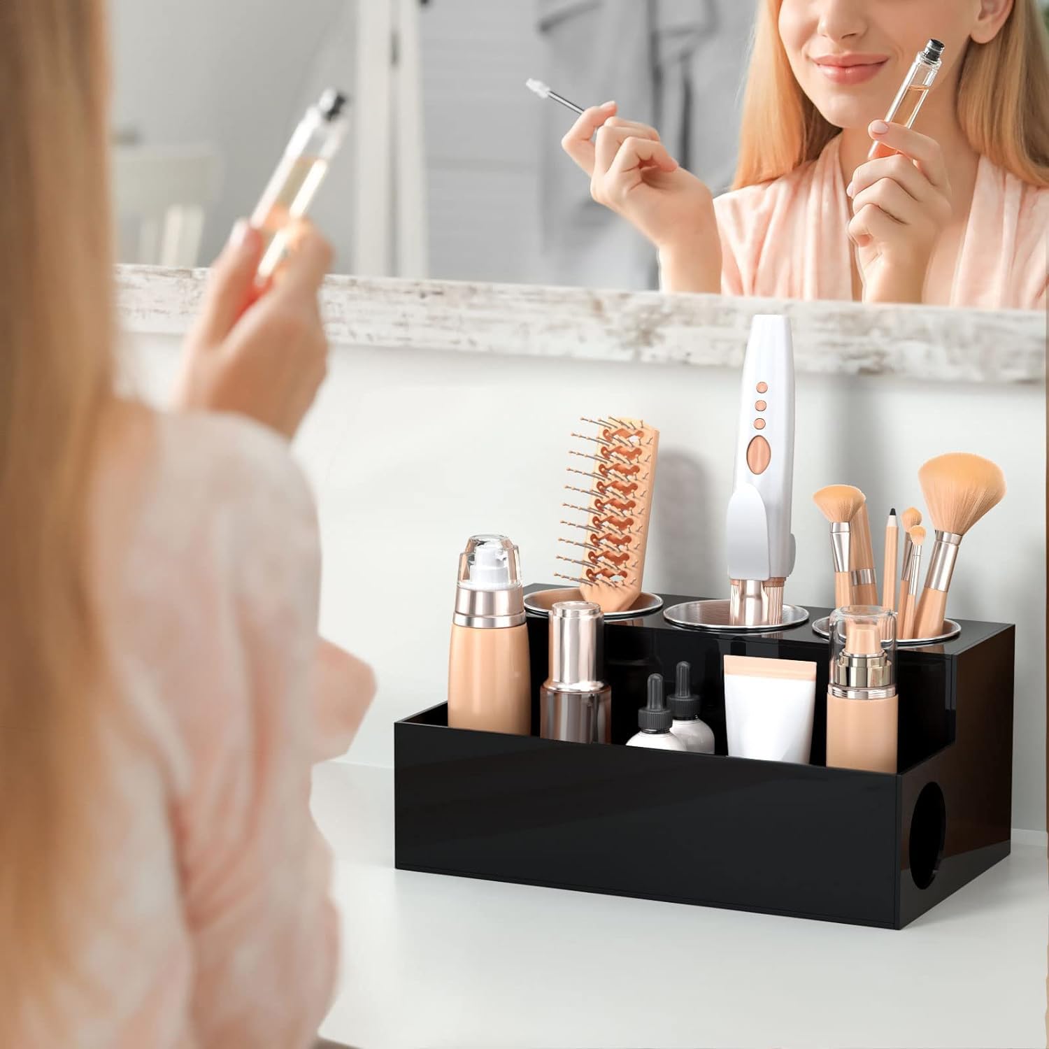 Organizzatore per Strumenti per Capelli Porta Asciugacapelli da Appoggio Supporto per Asciugacapelli per Bagno con 3 Tazze Nero