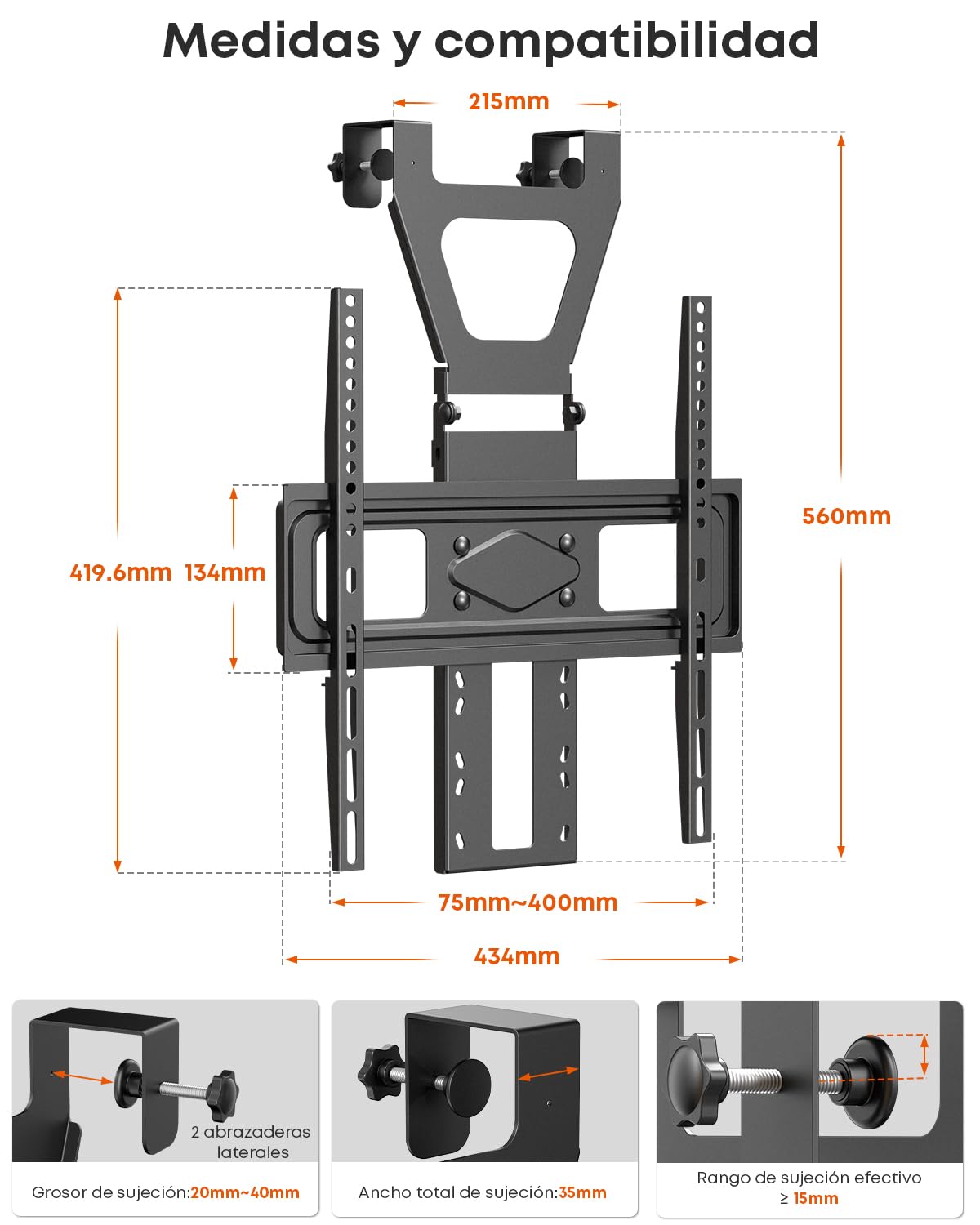 Soporte para puerta de TV de 70 pulgadas, plano y curvado, hasta 50 kg, VESA 400 x 400