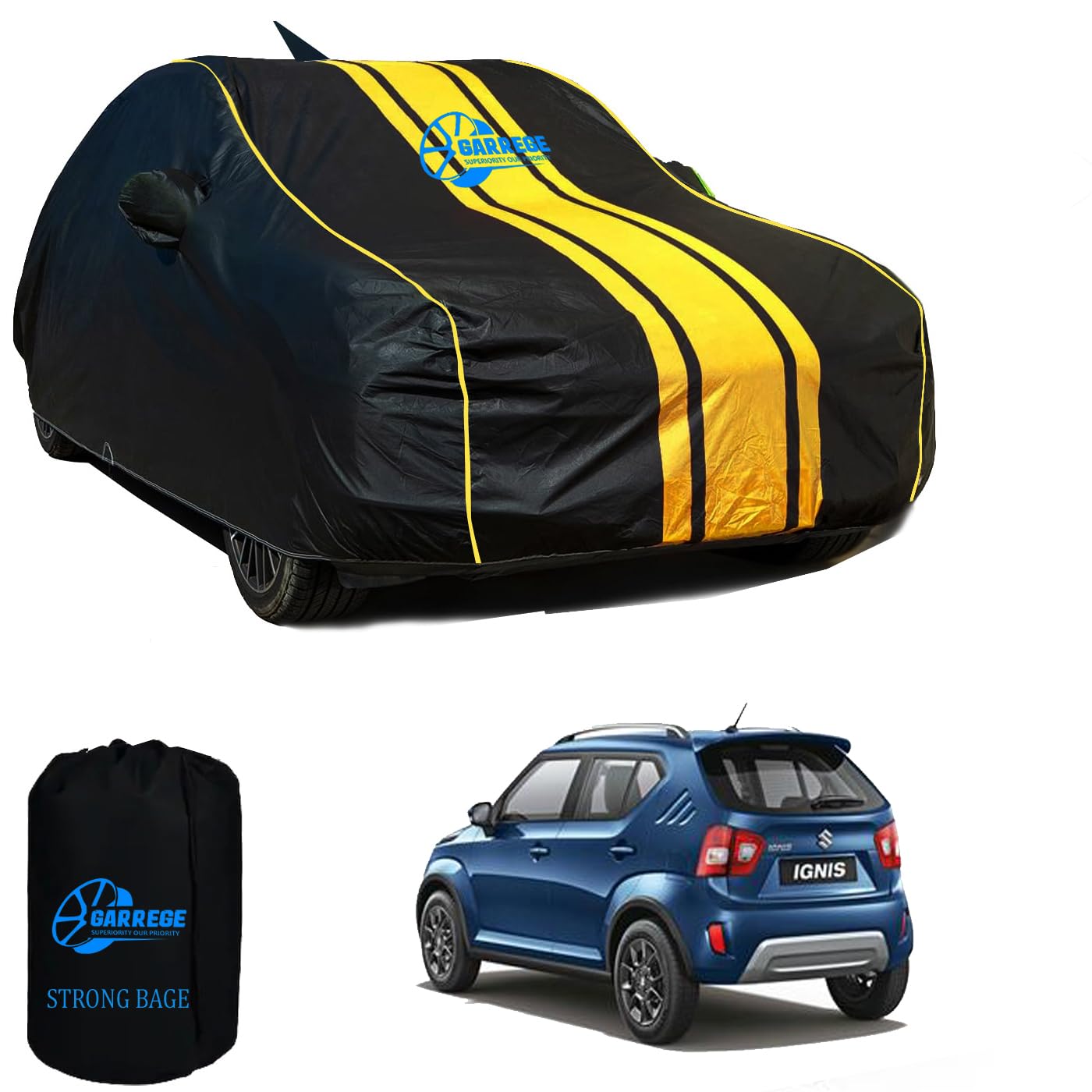GARREGE® Waterproof Car Body Cover for Maruti Ignis 100% All Weather Proof with Mirror & Antenna Packet & Full Bottom Elastic, Triple Stitching with 100% Nail Proof Cover Navy Blue