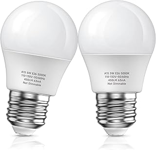 UNILAMP Refrigerator Light Bulb, A15 LED Fridge Light Bulb 120V, E26 Base 5W Equivalent 40W Light Bulb, Daylight 5000K Waterproof, E26 LED Bulbs for Freezer Lighting, Non-Dimmable, 2 Pack