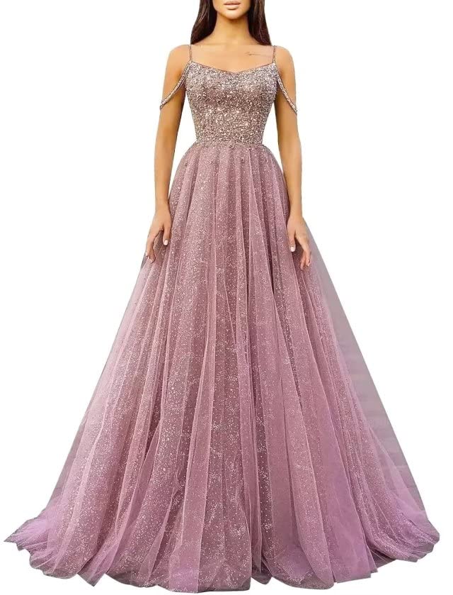 Off Shoulder Sequin Prom Dresses Sparkly Tulle Ball Gowns Aline Wedding Evening Party Dress