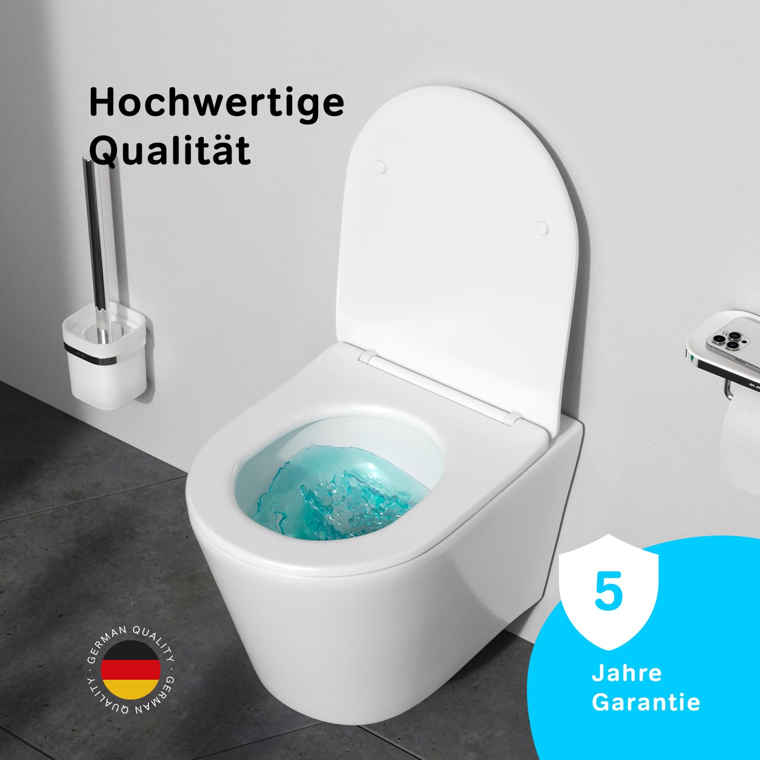 AM.PM Spike – AquaSpin Wand WC spülrandlos | Hänge WC mit Toilettendeckel mit Absenkautomatik | Duroplast Klo Sitz | Spülrandloses Hänge WC Set | Kompatibel mit Vorwandelement & Gäste WC | Weiß 49cm
