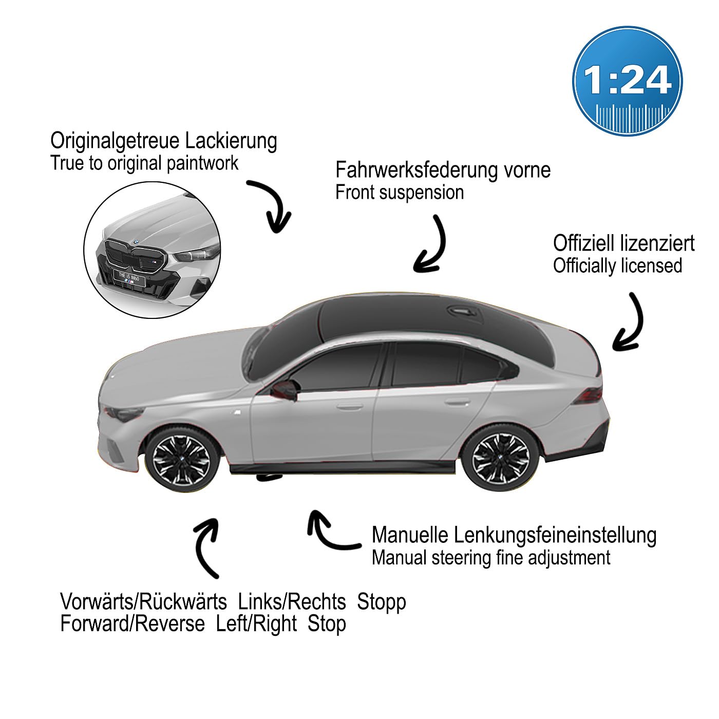 JAMARA 402219 BMW i5 1:24 2,4 GHz – zdalnie sterowany samochód, samochód RC, zabawka dla dzieci z pilotem zdalnego sterowania, model samochodu, prezent dla dzieci, samochód sportowy, wierne