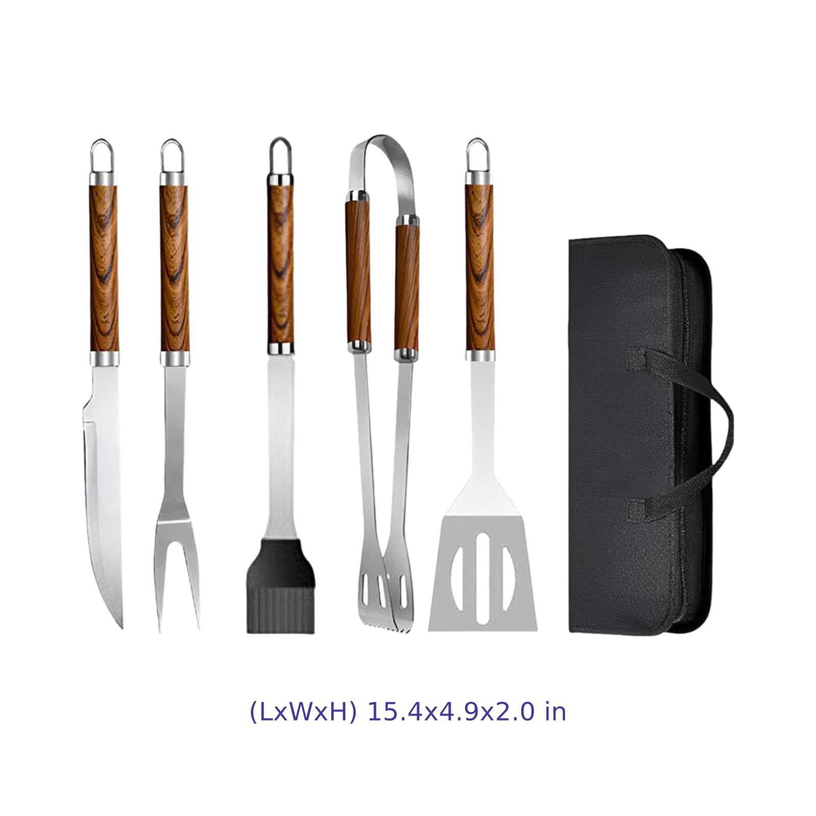 BBQ-Grillwerkzeug-Set, 5-teilig aus Edelstahl, Grillbesteck mit Holzgriffen und Tragetasche, für Outdoor-Kochen und Camping, Maße 15,35 x 4,92 x 1,97 in, Gewicht 1,7 lbs