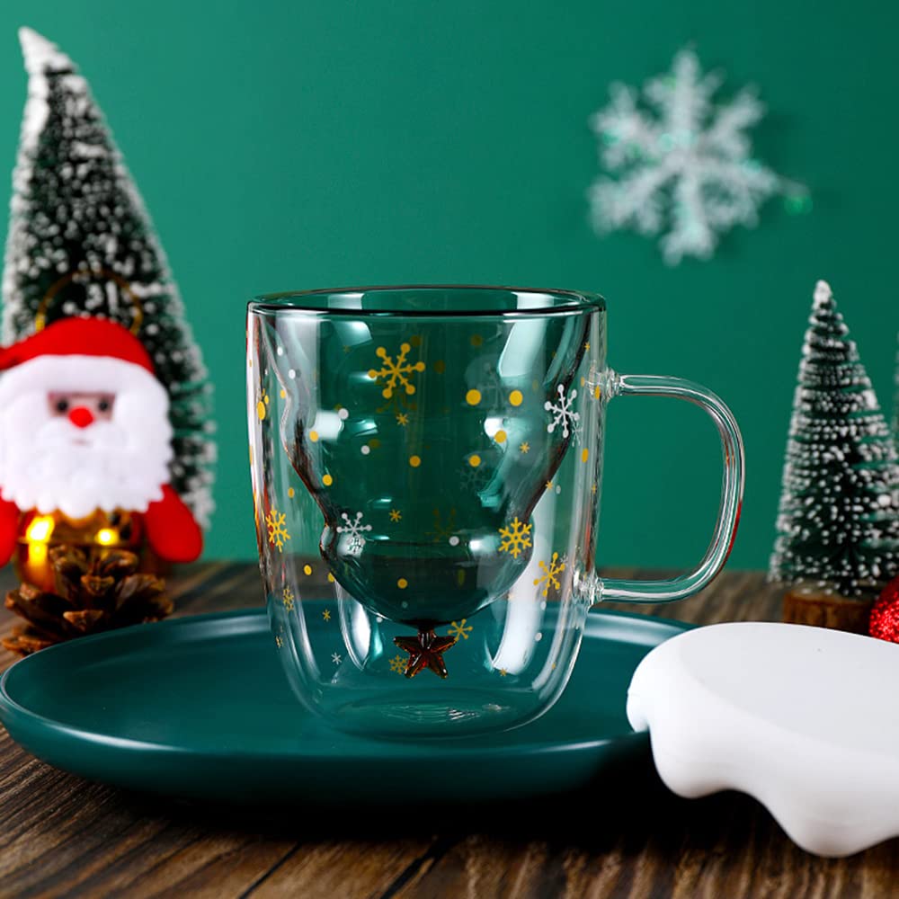 Tazza In Vetro Borosilicato A Doppia Parete Con Albero Di Natale 3D - 230-280ml - Regalo Natalizio