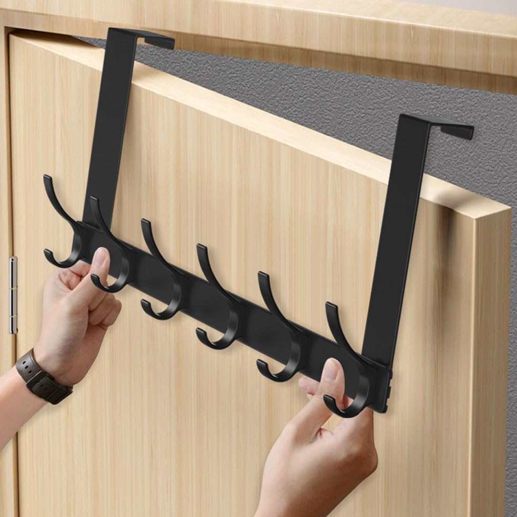 HUIBOHOU Over Door Hooks, Heavy Duty Aluminum Over Door Hanger, 6 Hooks for Coats Hats, Bags, Clothes, Towels (Black) - Image 4