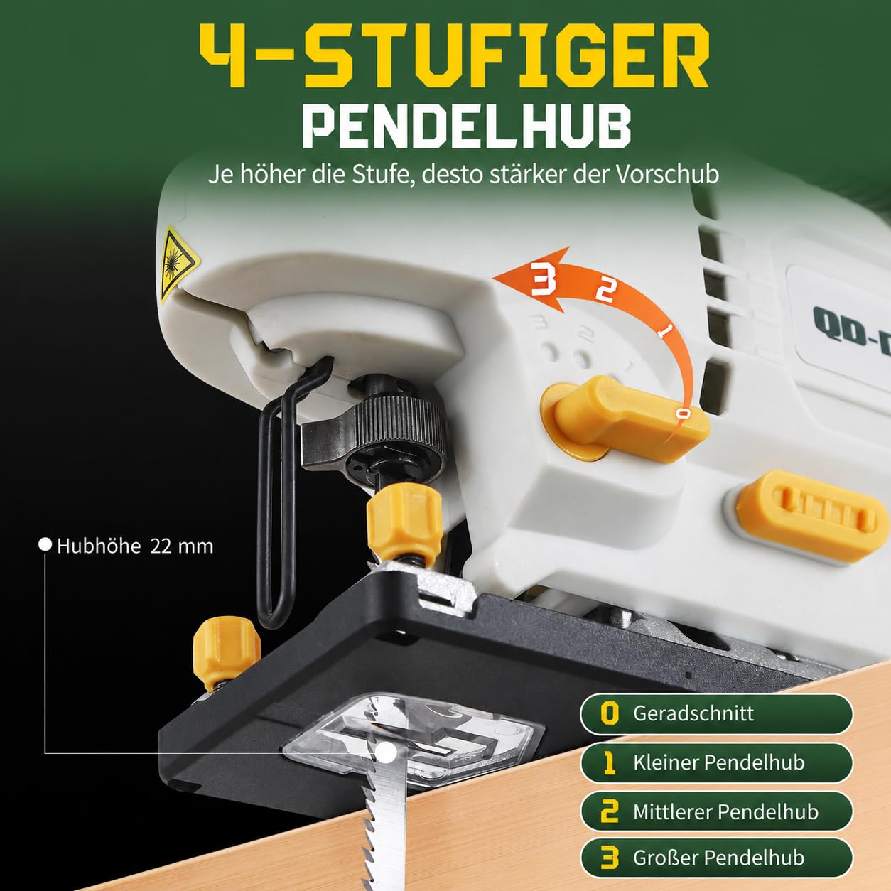 Stichsäge 800 W mit Laser und LED, 6 Geschwindigkeiten, 4 Pendelstufen, 100 mm Holz und 10 mm Metall, 45° Gehrungsschnitt, T-Schaft Schnellwechsel