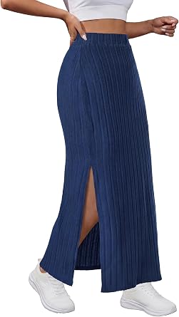 Rooscier Womens Ribbed Knit Midi Pencil Skirt Side Slit High Waisted Bodycon Casual Long Skirts