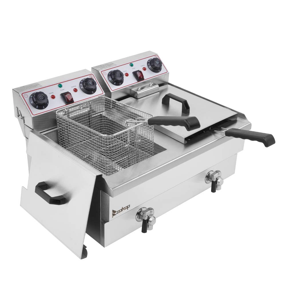 Stainless Steel Double Tank Deep Fryer, 24.9QT/23.6L Capacity, 3400W, Dual Individual Tanks, Copper Faucet Drains, 60-Min Timer, 110V, for Home & Commercial Use
