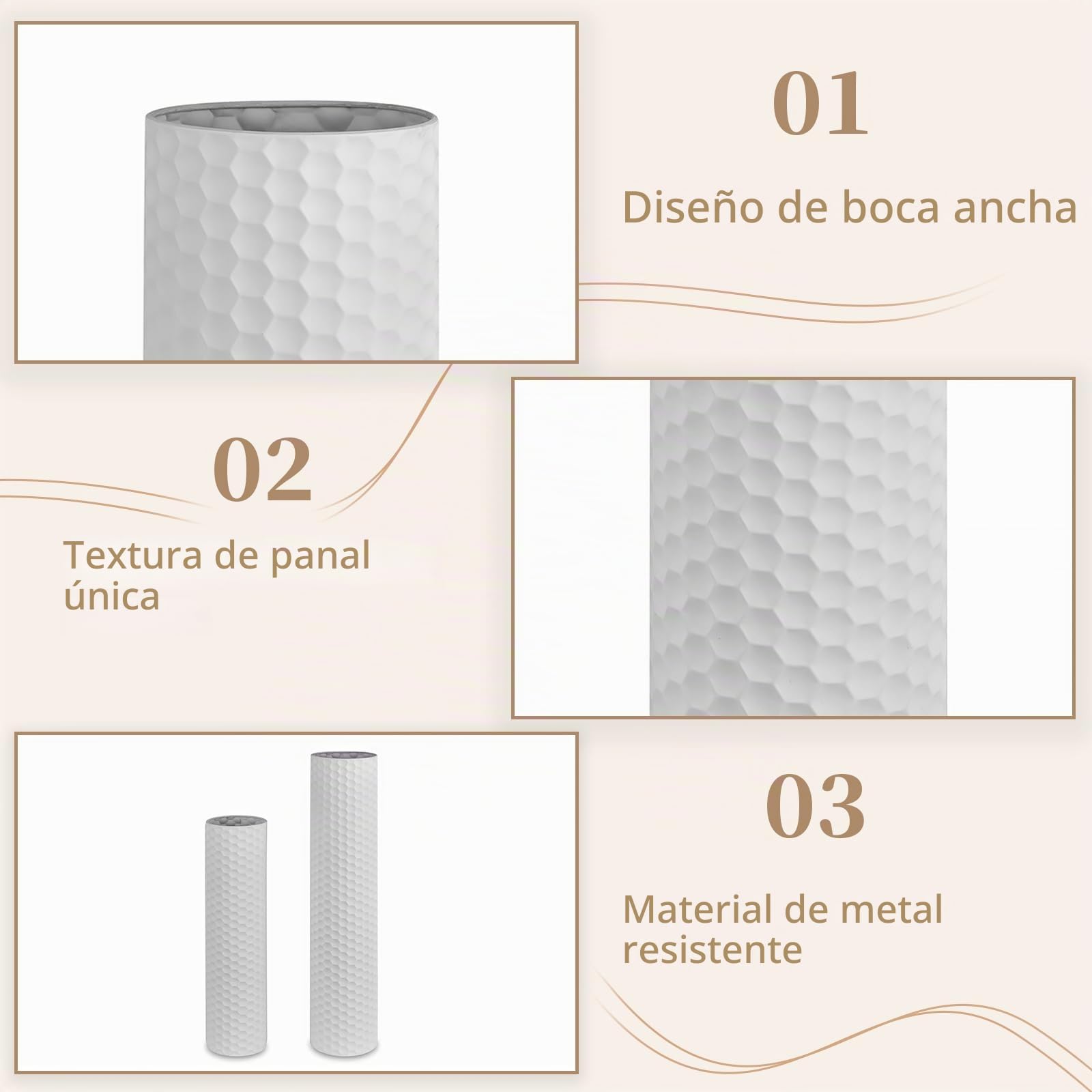 Sziqiqi Jarrones Altos Blancos para Suelo: Cilindro de Metal de 27.6/21.7 Pulgadas, Soporte de Flores Hecho a Mano, Juego de 2 jarrones Decorativos extragrandes con Textura de Panal Moderno para Sala