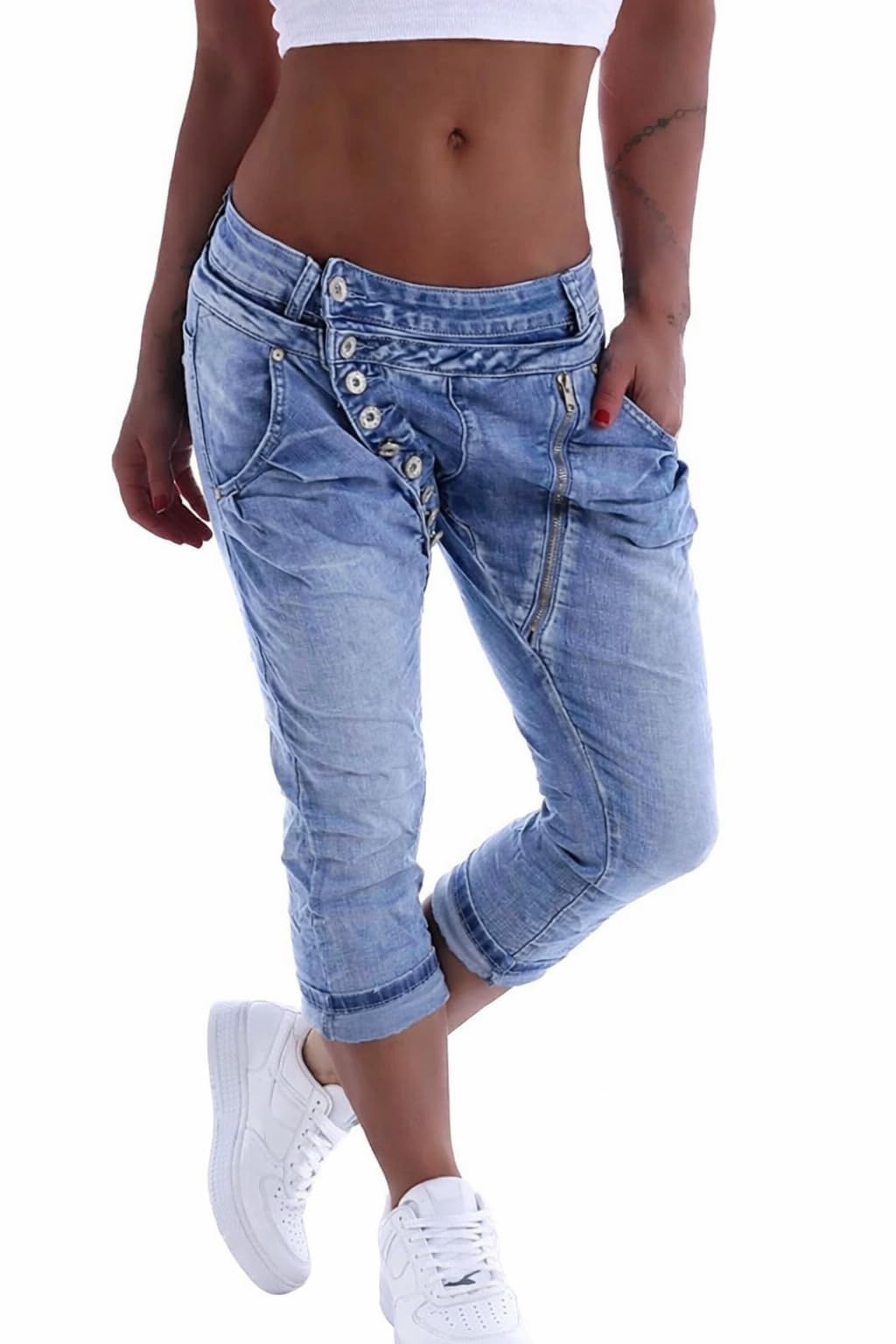 Mozzaar Damen Boyfriend Jeans Baggy Haremshose Caprihose Bermudas Kurz XS 34 S 36 M 38 L 40 XL 42