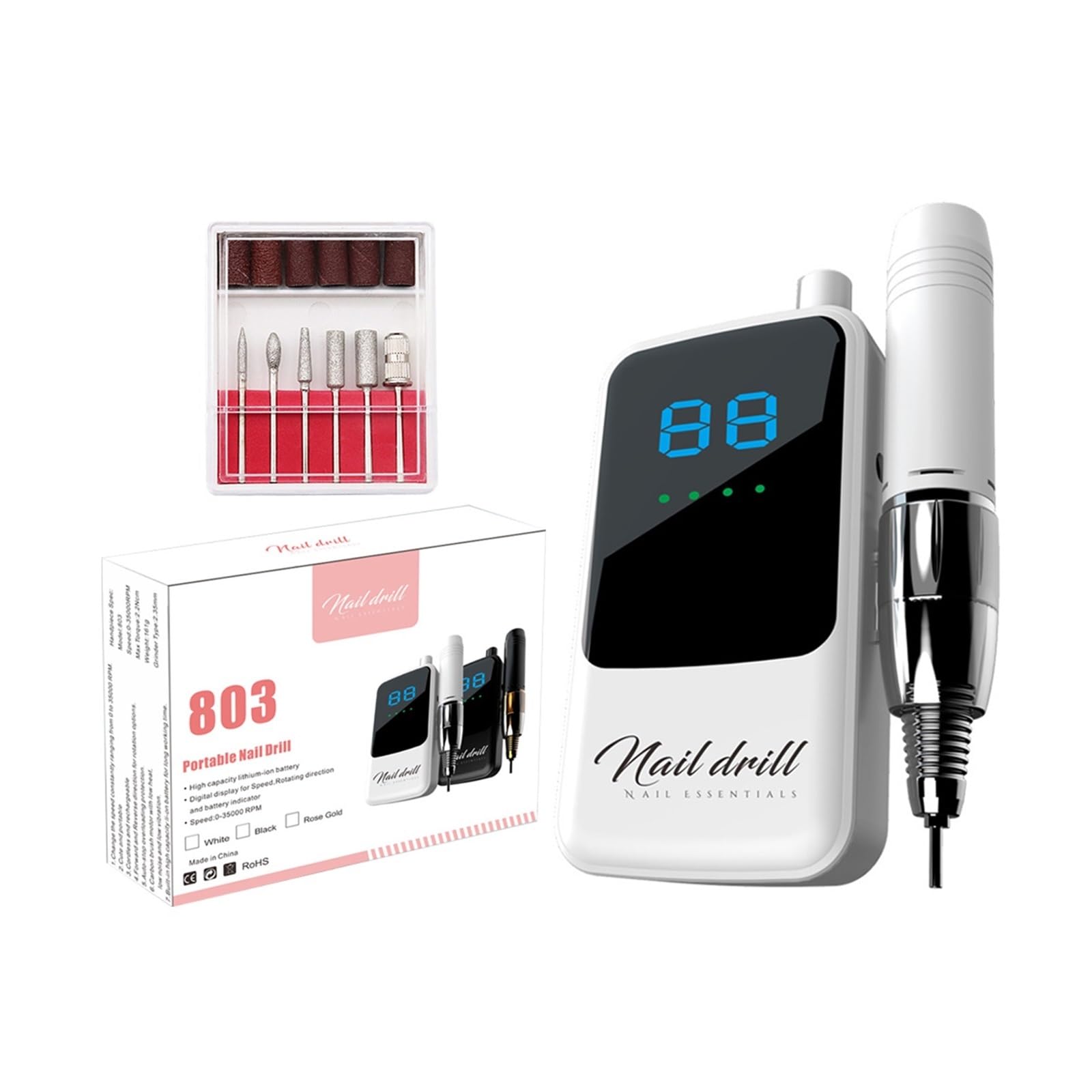 Torno para Uñas, Taladro De Uñas De 35000 RPM, Pulidor De Uñas Eléctrico Recargable, Lijadora De Uñas Con Pantalla LCD Portátil, Máquina De Manicura Profesional(Bianco)