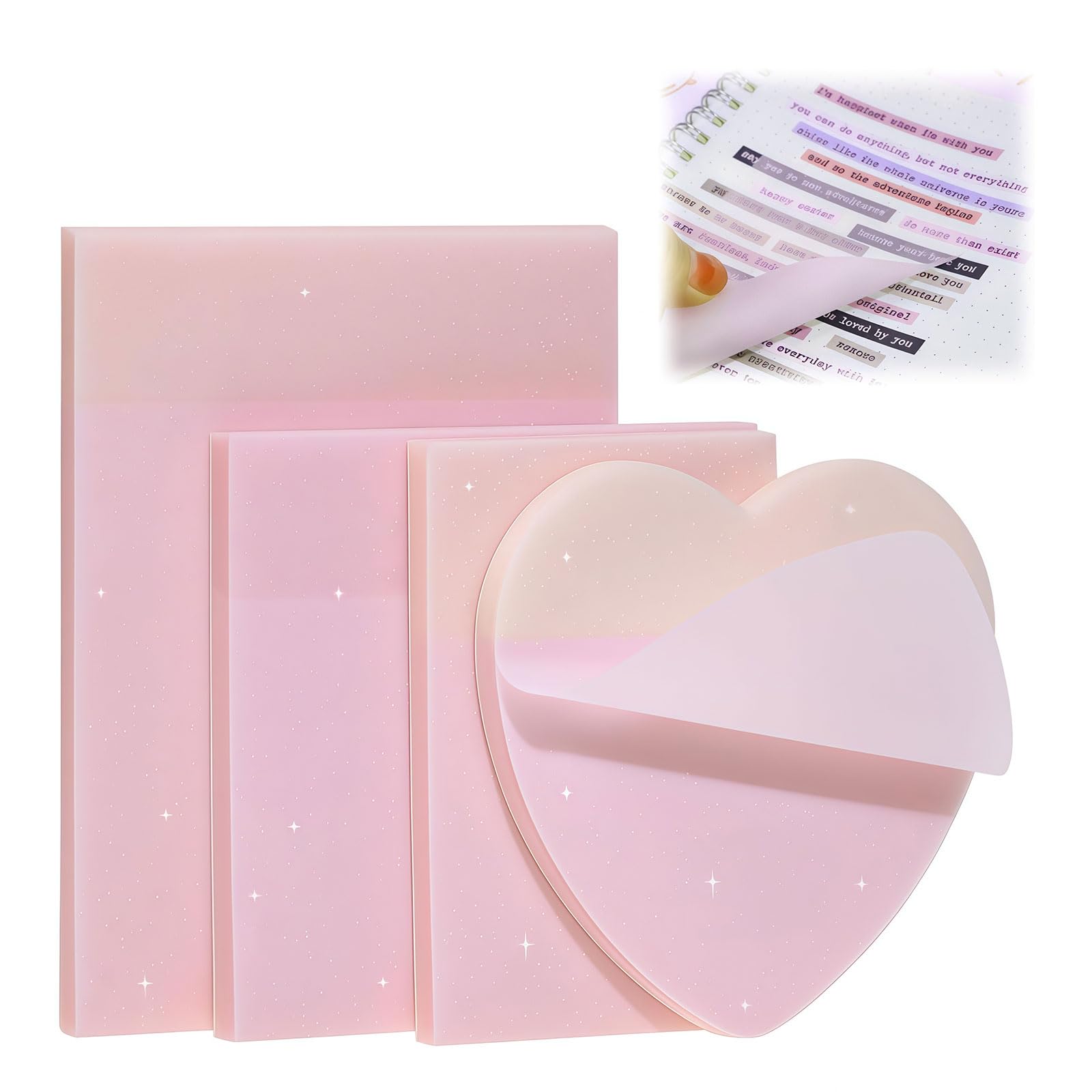 Ruispeed 4Pack Mixed Shape Transparent Sticky Notes for Annotating,Glitter Pastel Color Waterproof Index Sticker Self-Stick Book Tabs 200Sheets Soft PET Marker Memo Pad for Home School Office (Pink)