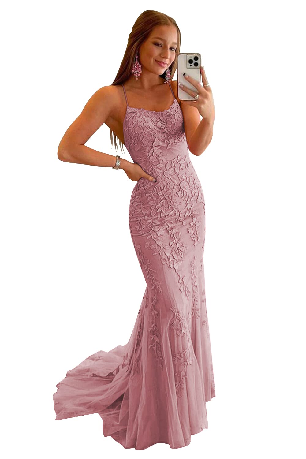 Clothfun Women's Long Lace Prom Dresses Mermaid Spaghetti Straps Backless Formal Evening Gowns