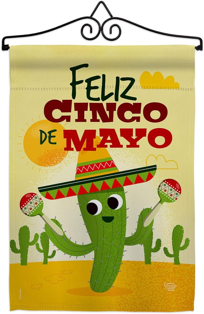 Feliz Cinco de Mayo Burlap Garden Flag Set Wall Holder Summertime Party Cactus Pinata Sombrero Mexican Fiesta Outdoor Small Decorative Gift Yard House Banner Double-Sided Made In USA 13 X 18.5