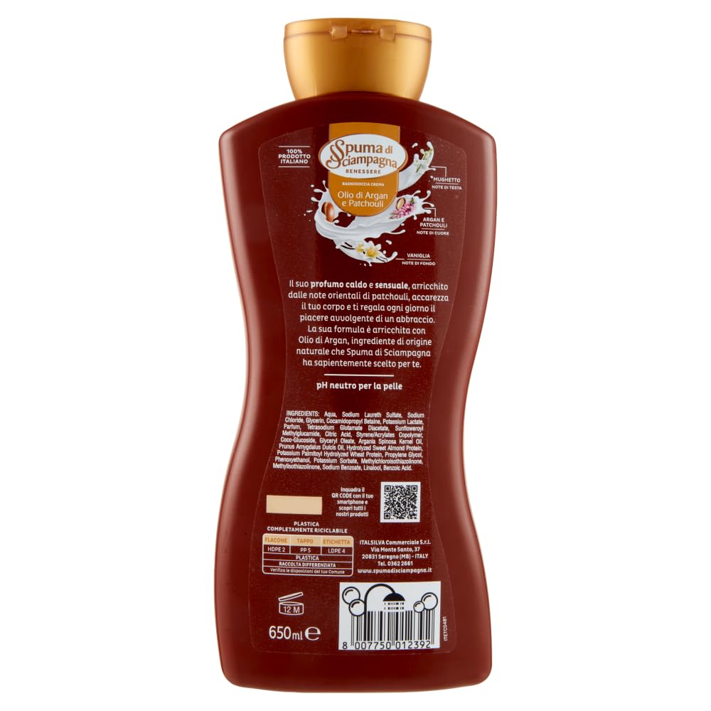 8 x Spuma di Sciampagna Bagnodoccia Crema Nutriente – Gel doccia con olio di argan e patchouli – Cura del corpo e lavaggio 650 ml + portachiavi Beni Culinari