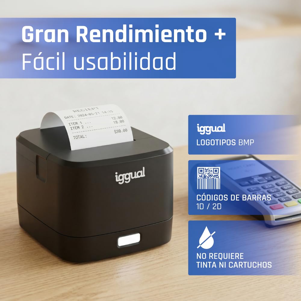 iggual Tickets TP Easy 58 Thermodrucker, USB + RJ11, 58 mm, Geschwindigkeit 90 mm/s, 203 x 203 DPI, Windows 11/10/8/7/Vista/XP/2000/JPOS/Linux, SDK Android, iOS, Windows (139 x 122 x 93)