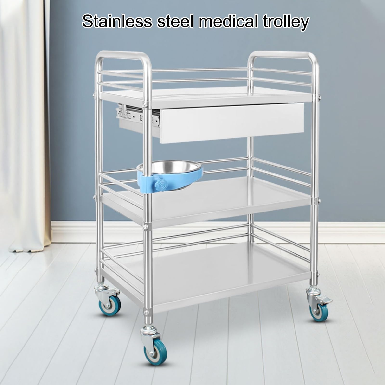 Heavy Du Mcal Utili - Carrito de acero inoxidable de 3 niveles con ruedas giratorias de 360°, ideal para hospitales y clínicas dentales (61 x 41 cm)
