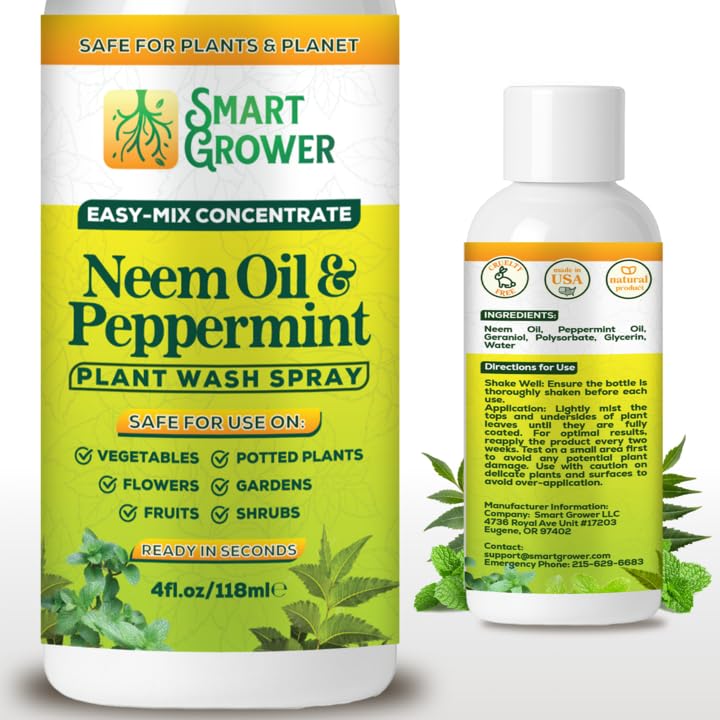 Neem Oil Spray for Plants with Peppermint Oil – for Indoor & Outdoor Plants, Gardens, & Houseplants– Best Value Refill 4 oz Concentrate Makes 1/2 Gallon RTU