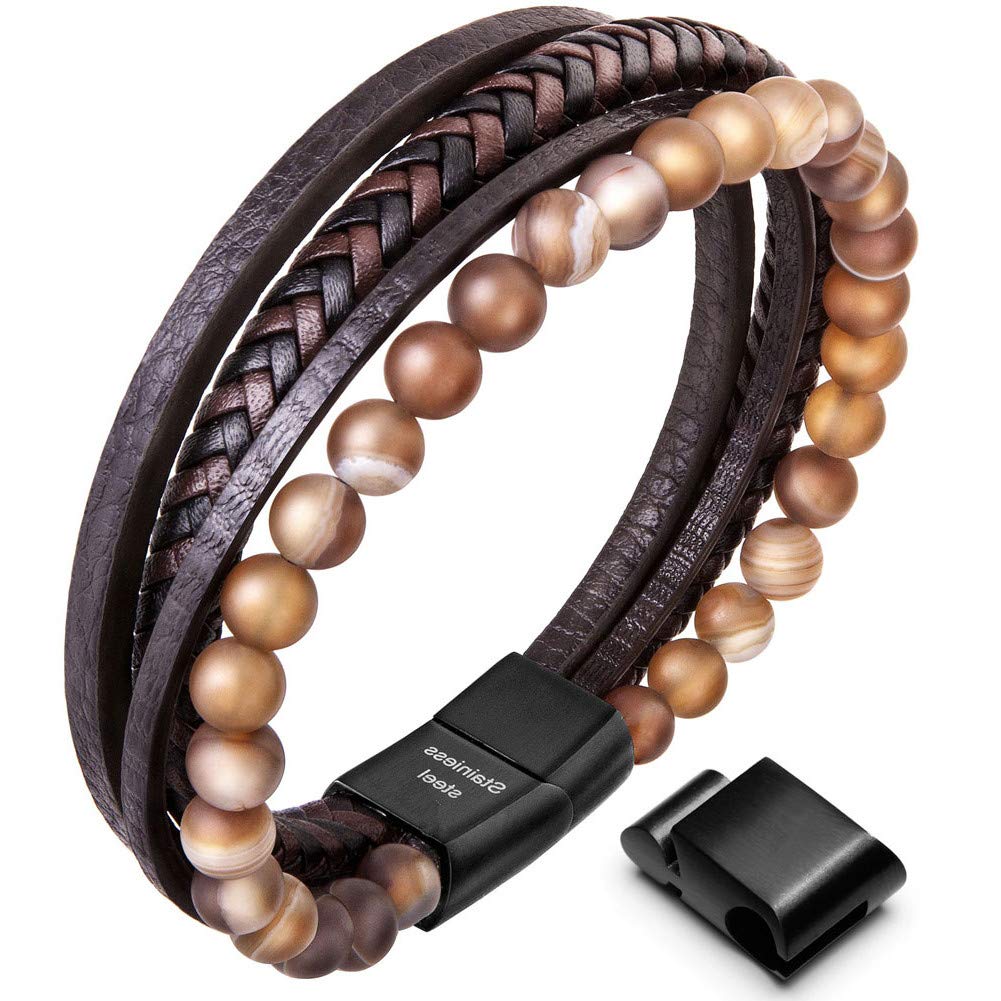 Speroto New Mens Bracelet Bead and Leather Braided, Lava and Onyx Bead Leather Bracelet for Men