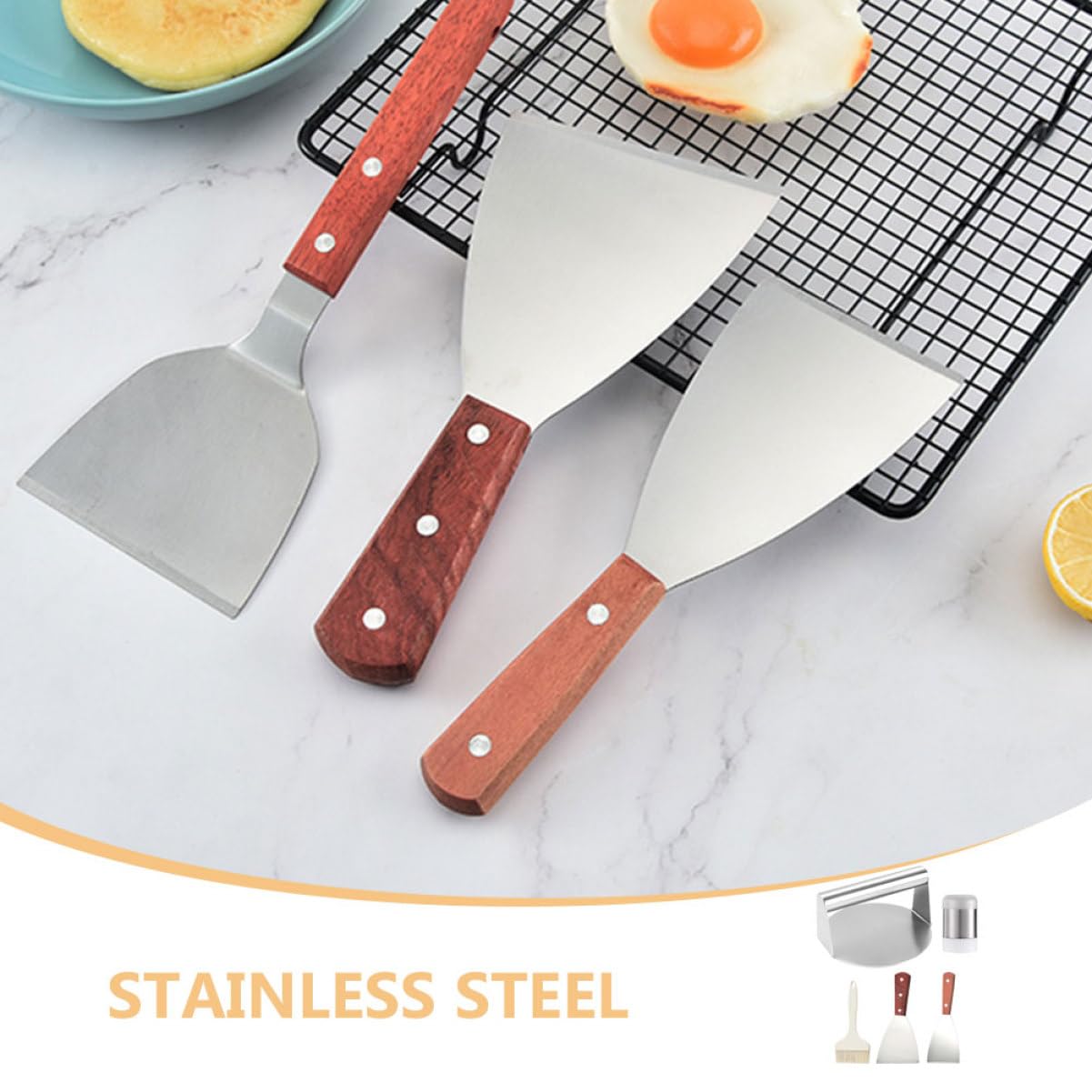 Set Utensili Bbq in Acciaio Inossidabile Legno e Silicone per Grigliata Esterna, 5 Pezzi Schiaccia Hamburger, Spatola e Boccetta per Condimenti