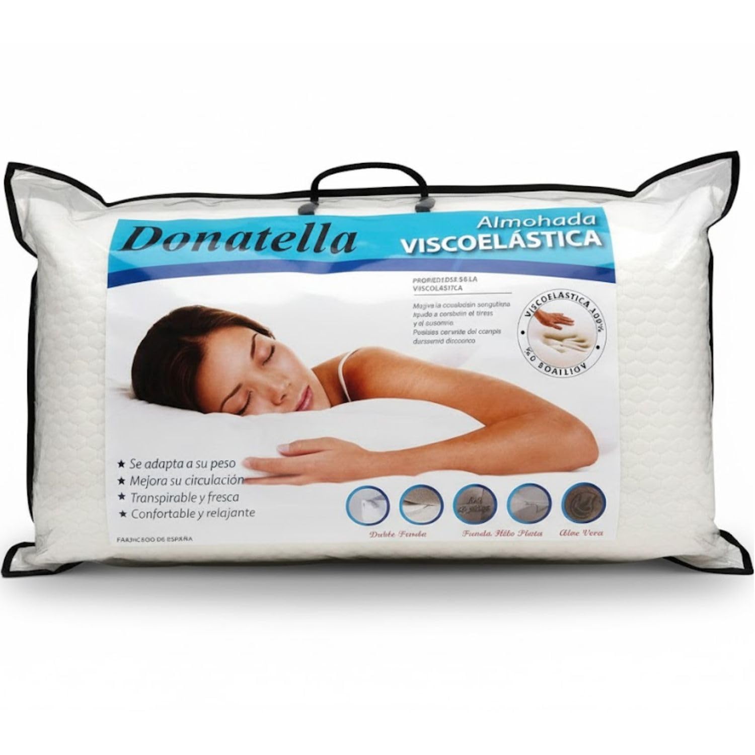 DONATELLA Almohada VISCO-Aloe - Almohada viscoelástica, núcleo Compacto. Doble Funda con Cremallera. Tejido Aloe Vera. Termorregulable adaptabilidad al Cuello - 135 cm., Blanco