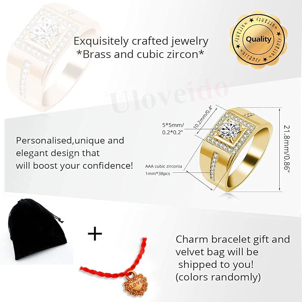 Uloveido Men's Square Wedding Band Ring – 8mm Gold-Plated