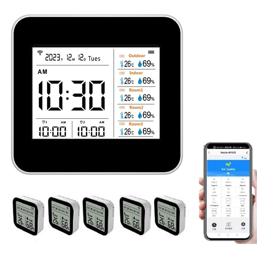 13-in-1-Tuya-WLAN-Intelligentes Thermometer-Hygrometer, präziser Temperatur- und Feuchtigkeitsmesser für den Innenbereich mit Zeit-/Kalender-/Alarmanzeige, unterstützt Remote-App-Steuerung für das