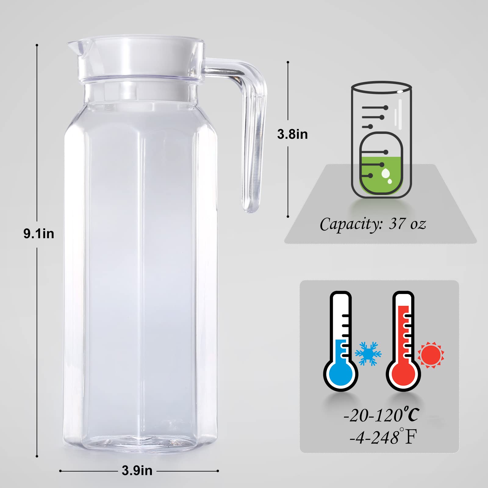 Brocca acrilica OEH Brocca in plastica, resistente al calore, lavabile in lavastoviglie, brocca d'acqua infrangibile per bevande ghiacciate e calde, ottagonale, 400 ml