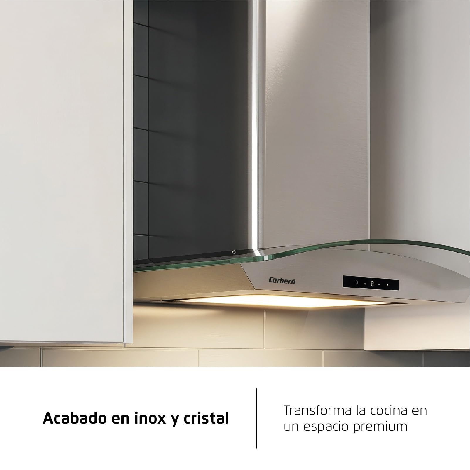 Corbero - Campana Extractora Horizontal 90cm | FUJI975XGLASS | 720.2 m3/h| 67db| 235W | 4 Velocidades | Control Touch| Panel LED| Filtro Aluminio + Filtro Carbón | Acero Inoxidable-Cristal