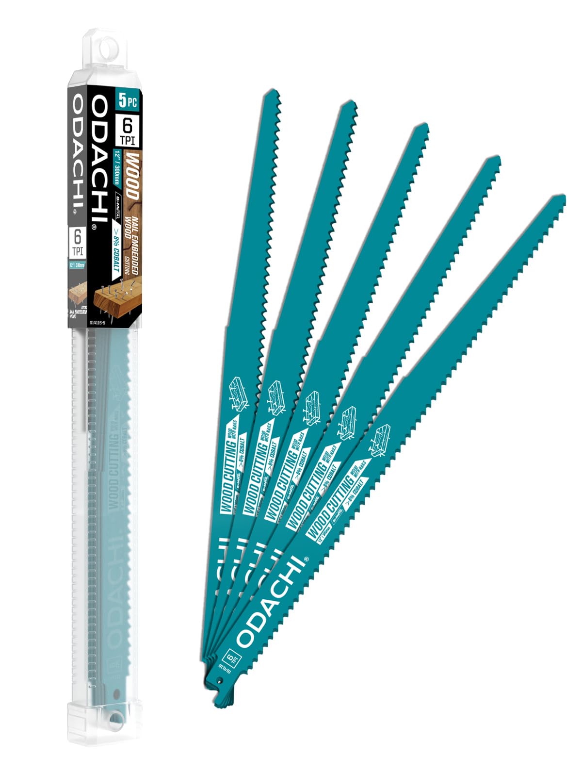 ODACHI Reciprocating Saw Blade for Wood, Nail-Embedded and Wood Demolition, Bi-Metal M42 Cobalt Sawzall Blades 12 Inch 6TPl 5-Pack