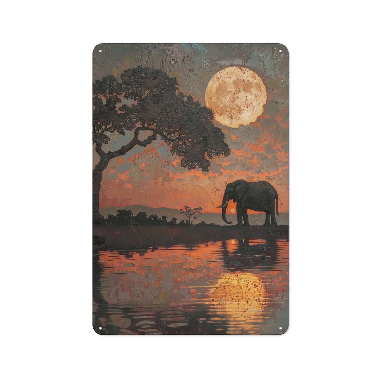 Junmoney Elephant At Sunset Painting For Garden Room Or Summerhouse, Vintage Tin Sign 30X20cm, For Display In Garden Rooms And Summerhouses